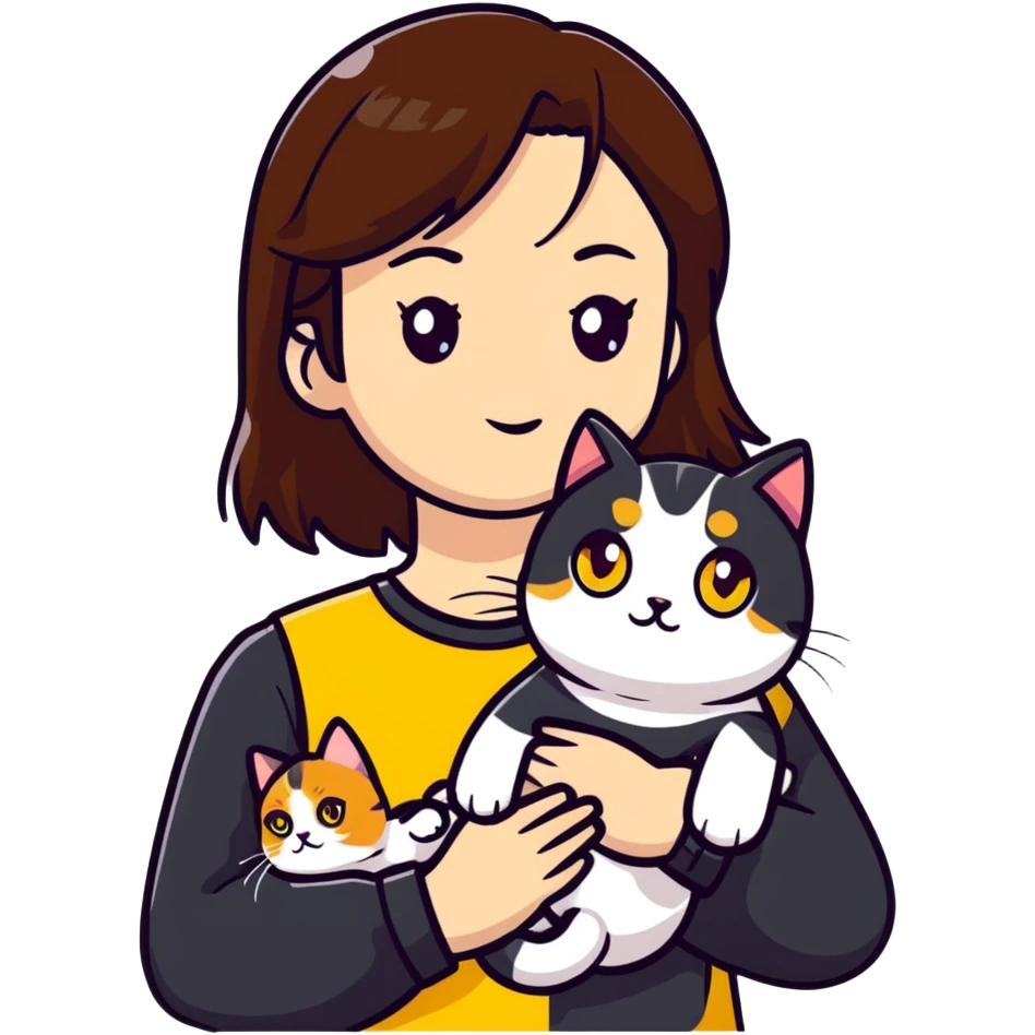 Brown straight-haired girl with black top, white cat with yellow eyes, and calico cat emoji