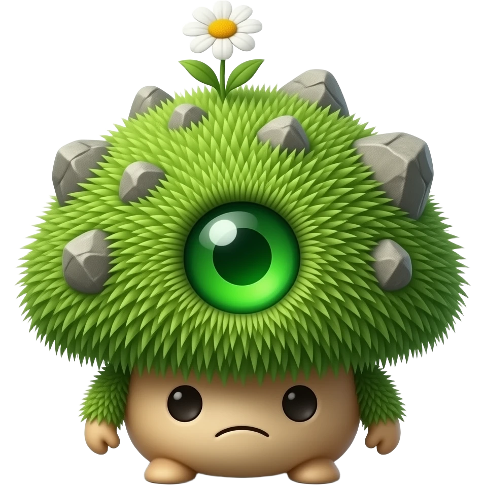 Weird mushroom creature small with rocks growing on its back with one shingle green eye with a flower growing on it with grass on its whole body emoji