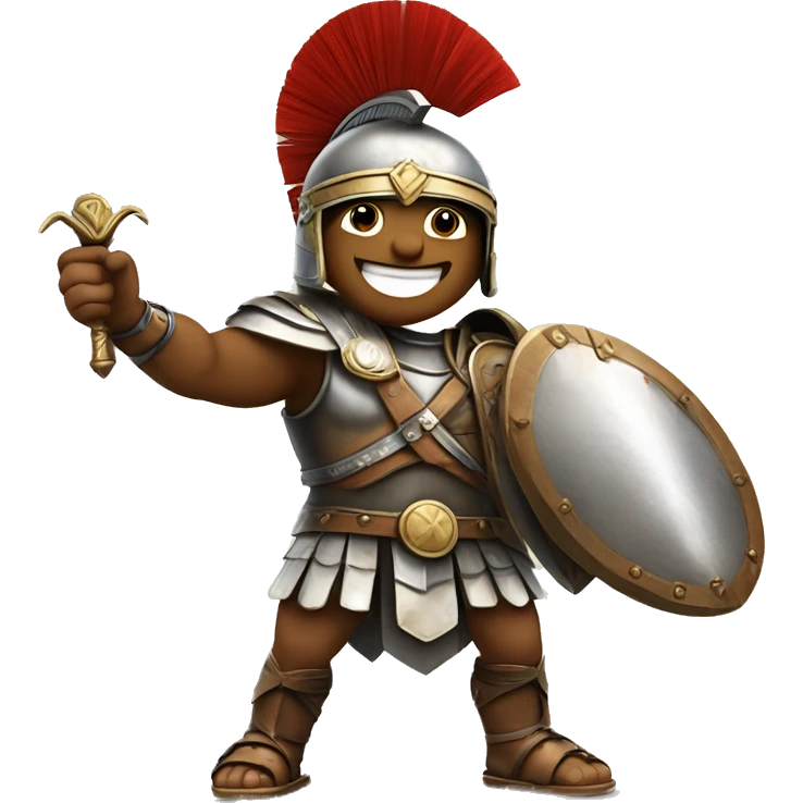 A triumphant gladiator, wearing a helmet and wielding a sword, making a "V" sign with his fingers to symbolize victory and success. emoji
