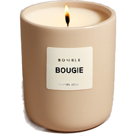 candle in a cream vessel that has a label That says bougie by Joëlle in clay color emoji