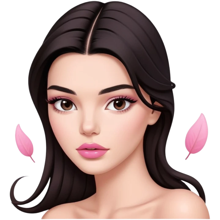 Kendall Jenner model, elongated face, long flowing dark hair, pink glossy lips, pink blush on cheeks, bare shoulders emoji