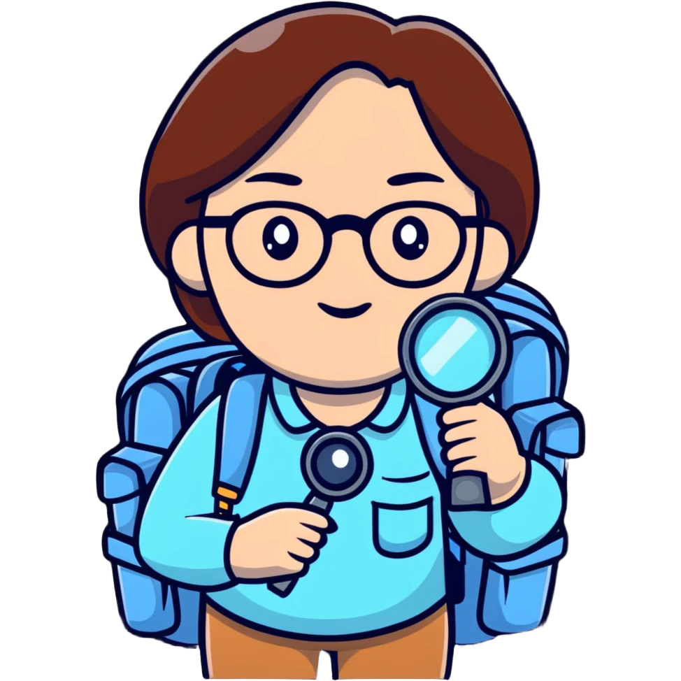 Cheerful woman hiker in her late 30s with glasses, backpack, and one magnifying glass in her right hand emoji