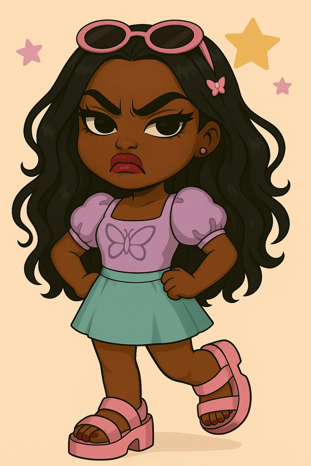 Change the expression to angry for a 20-year-old anime Bratz style woman with dark skin, dark hair, cute pastel Y2K look, big expressive eyes, and glossy lips. Maintain the anime Bratz style and the described features. emoji