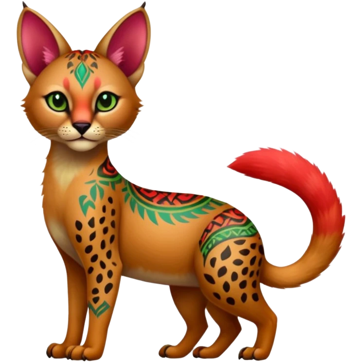 Colorful cute adorable tropical exotic fruity kiwi-green lemony rosy neon-red Caracal-Cheetah-Civet-Trico-fusion-hybrid-animal-creature, full body, with tribal tattoos emoji
