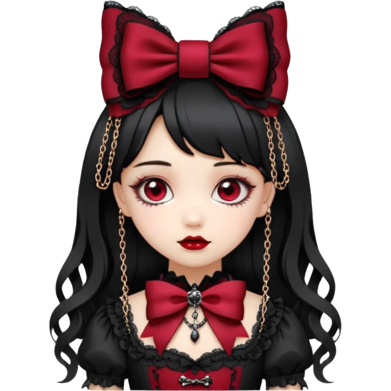 gothic lolita bow, ornate lace, black and crimson, delicate chains, Victorian influence emoji
