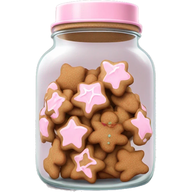 Realistic glass cookie jar with light pink lid full of gingerbread cookies isolated.  emoji