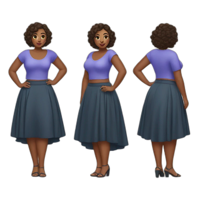 full-body-curvy-beauty-in-a-short wide skirt as three-view drawings emoji