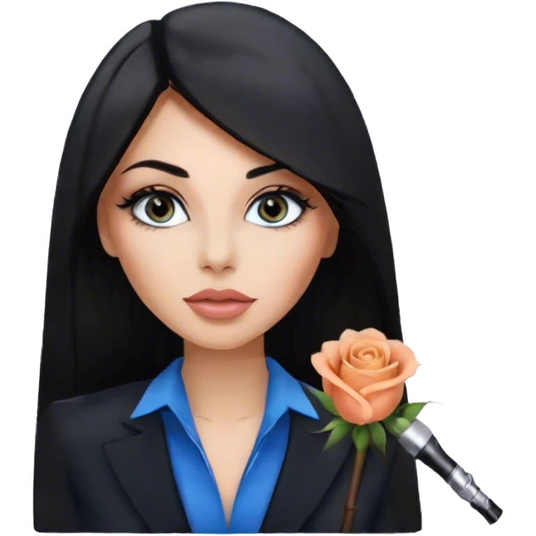 Glamours, tanned, very beautiful girl, with big pump peach-beige-rose lips, eyeliner, long lashes, black straight smooth silky long hair, straight parting hair, blue-grey eyes in black clothes for working profile emoji