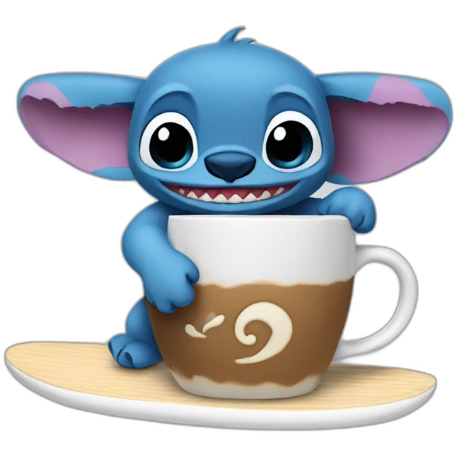 Stich drinking coffee and surfing emoji