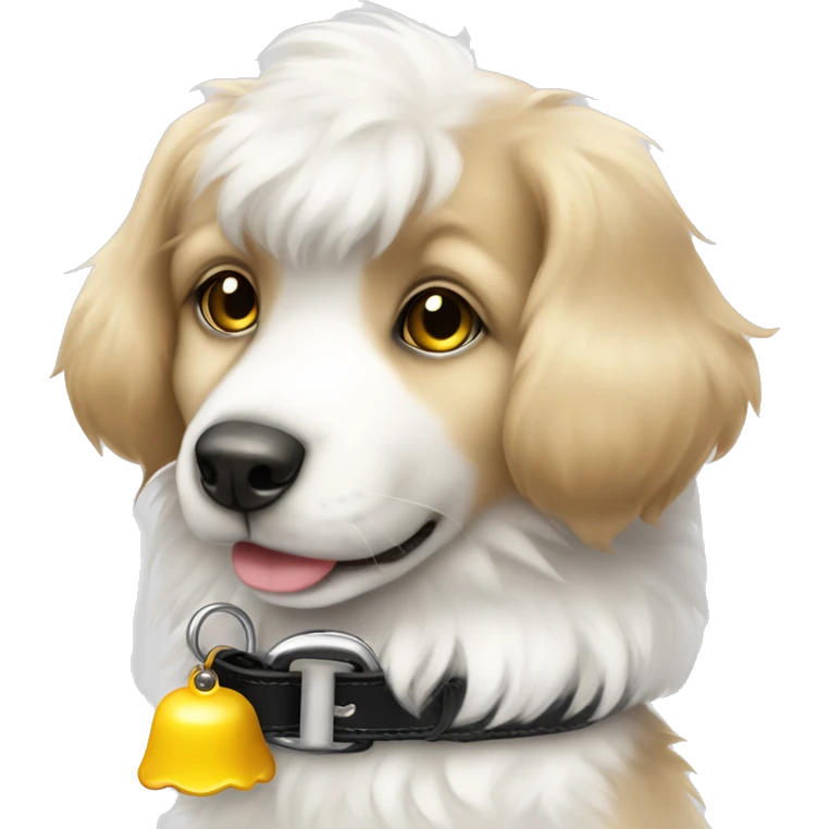 Cute dog fluffy white and black collar with yellow bell emoji