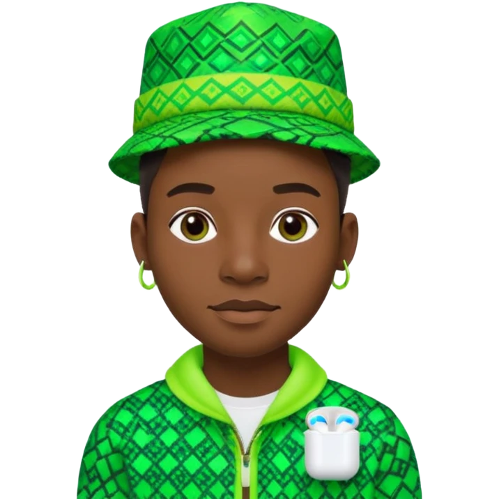 Create me an detailed emoji of a cool Young Nigerian prince wearing a neon green gradient African patterns with  a hat (a Nigerian-inspired patterned hat) and wearing apple airpods emoji