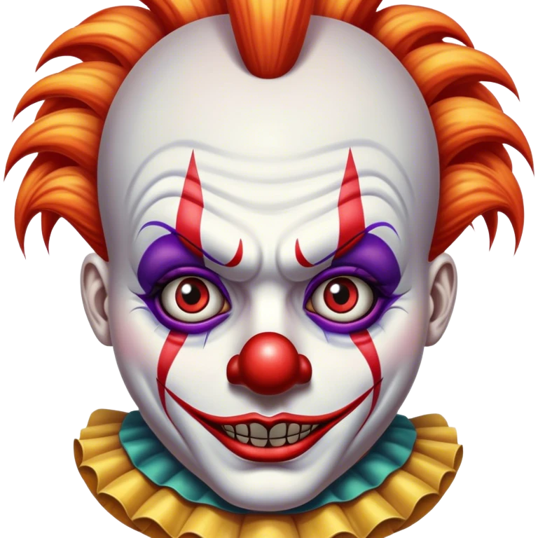 Cinematic 32k HD, Extremely detailed image of a terrifyingly creepy clown, each lash, eye, and hair is shown in stunning detail as though captured in a timeless photograph, rich textures, visually rich, so lifelike that it feels like it could leap off the page at any moment emoji