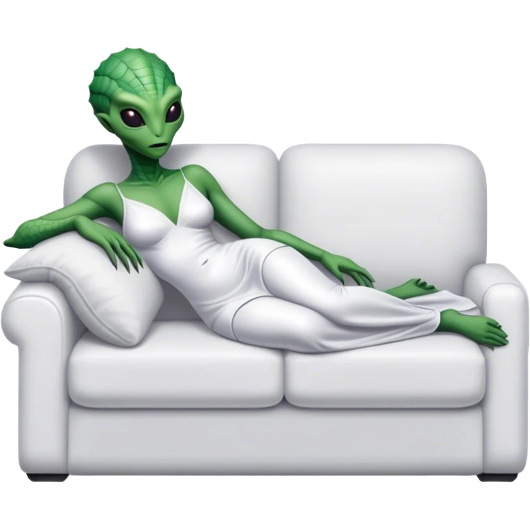 a reptilian alien woman, in white dress, lie on couch comfy, full figure emoji