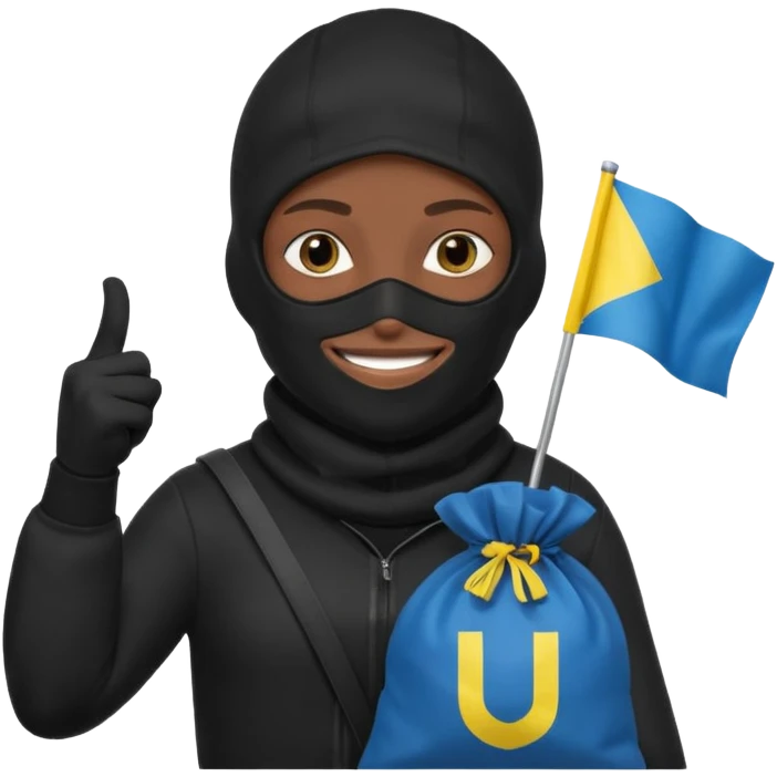 создай украинца в черное одежде и черной балаклаве с большим мешком денег на котором есть флаг страны в руках emoji