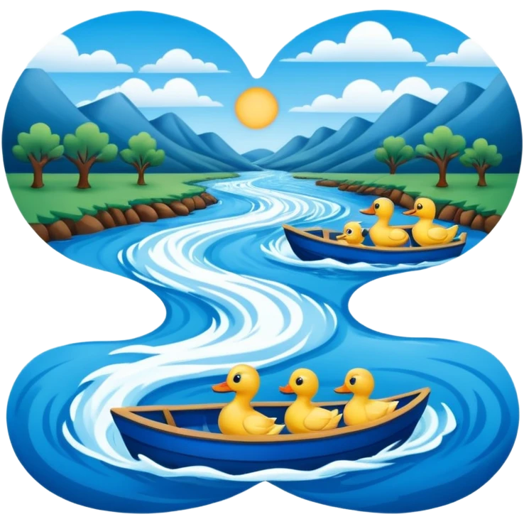 رودخانه ی خروشانی که به آن آفتاب نیتابد و در آن اردک ها در قسمتی از آن  و در قسمت دیگر رودخانه قایقی به رنگ آبی شنا میکنند emoji