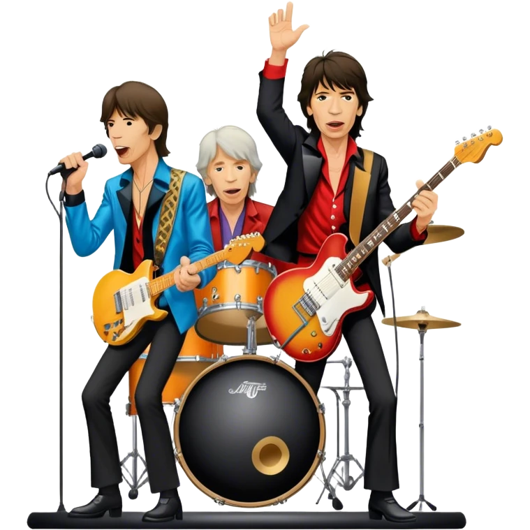 Icon for Rock Music: The Rolling Stones live on stage with Mick Jagger performing vocals, Keith Richards playing guitar, and Charlie Watts on drums. Iconic stage lights, electric guitars, and energetic crowd. Transparent background. emoji