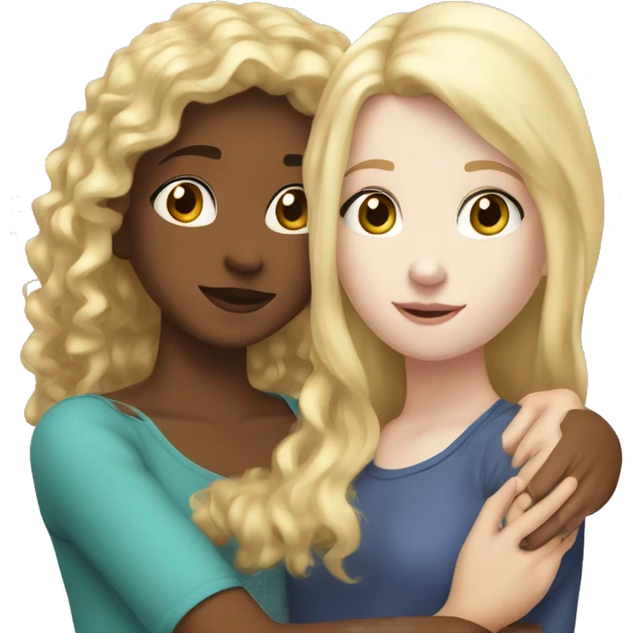 Girl adult with blond straight hair and white skin hugging teenage girl with pale white skin and brown curly hair emoji