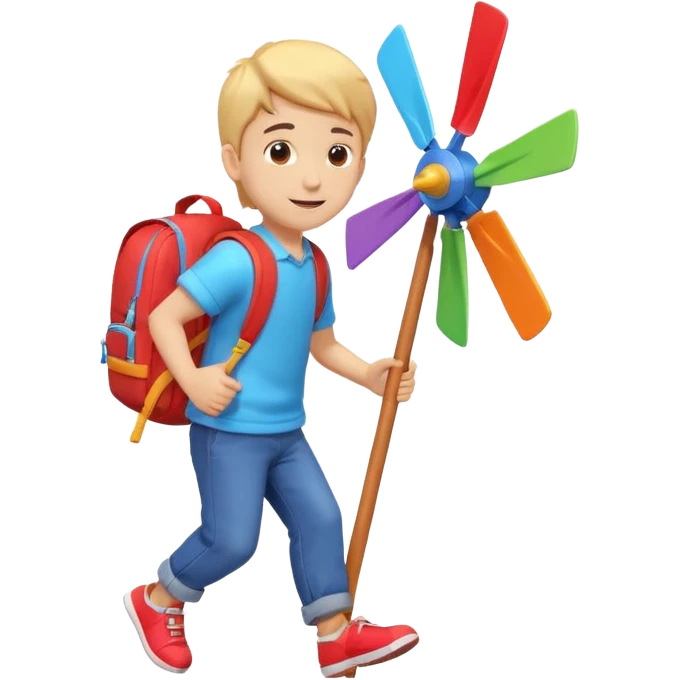 cute boy carrying a toy windmill backpack, colorful windmill spinning on the back, happy expression, casual outfit, 3D cartoon, mobile game icon style, clean background, no text, no watermark
 emoji