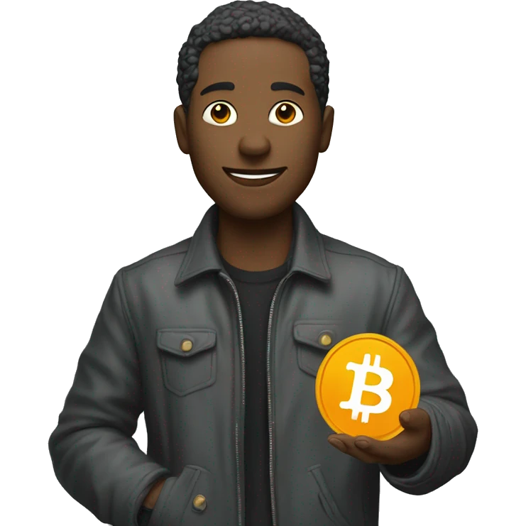 man in a jacket with bitcoin in her hands emoji