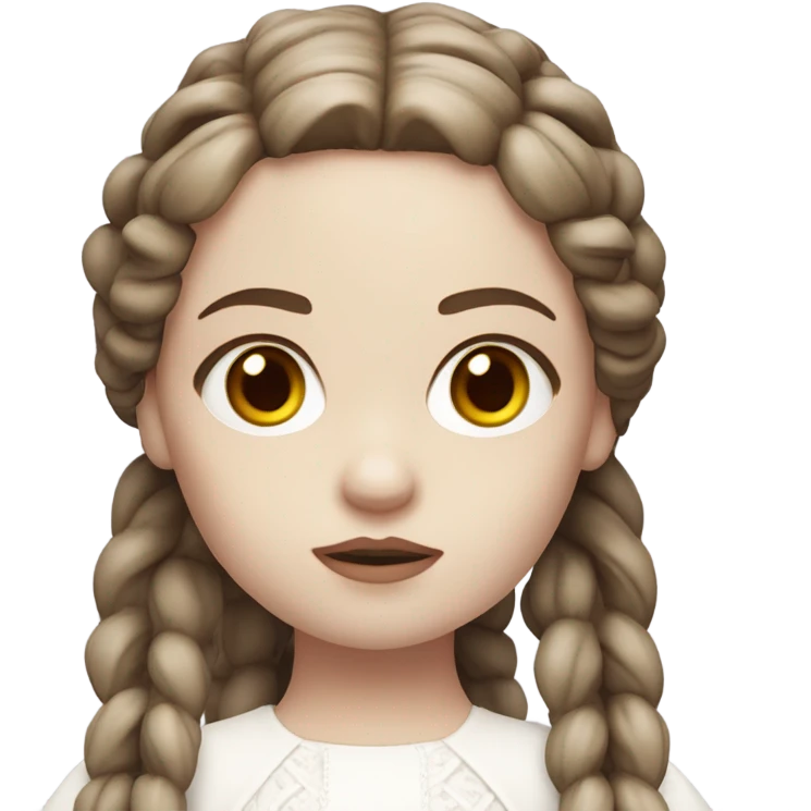 Doll with brown straight hair in braids, wearing a white dress and a serious expression. She has pale skin and a classic porcelain doll appearance, looking terrifying. emoji