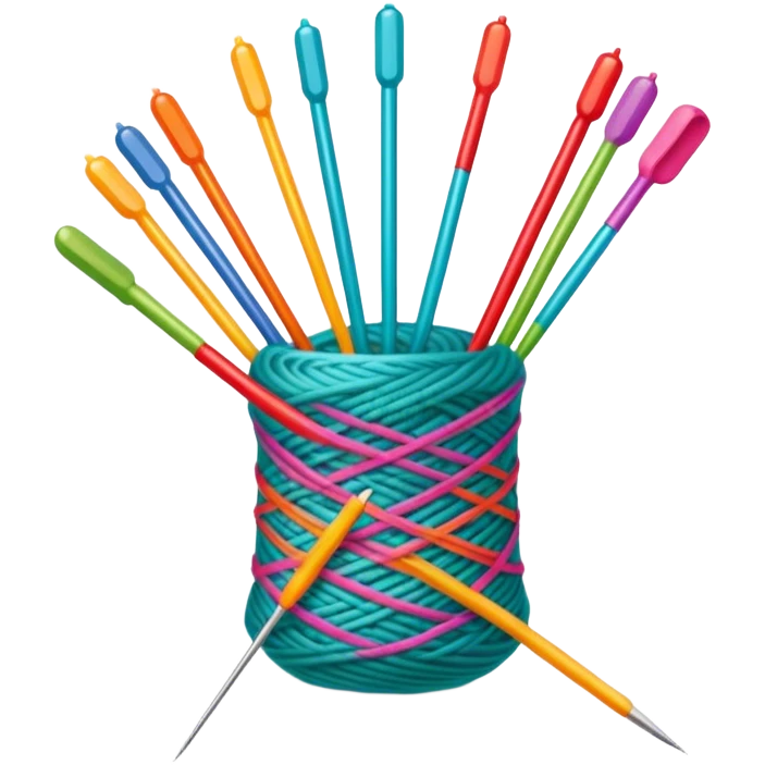 Knitting icon, knitting needles, colorful yarn, partially knitted fabric, minimalistic style, clean lines, transparent background. emoji