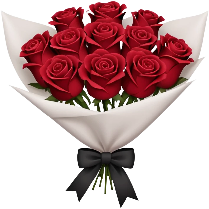 Burgundy bouquet of dark red roses wrapped in white paper with a black bow emoji