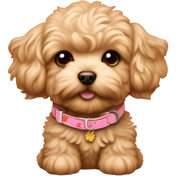 Coffee colored maltipoo puppy with maple on pink dog collar emoji