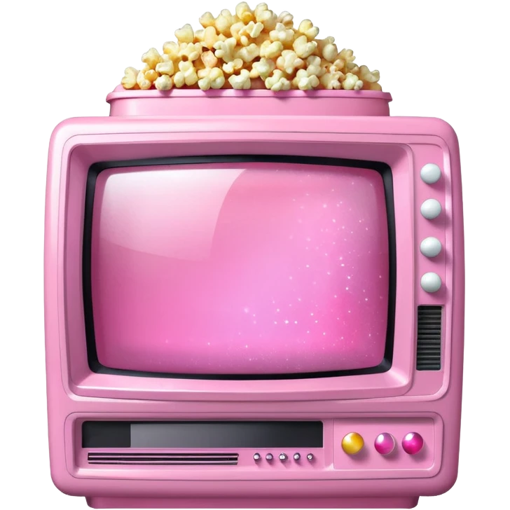 front view of transparent sparkly pink shiny CRT TV sitting on top of pink VCR, with pink/white rhinestone bucket of popcorn beside it emoji