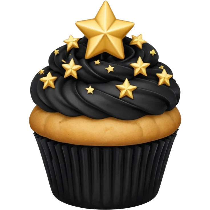 cupcake with black frosting and gold stars emoji