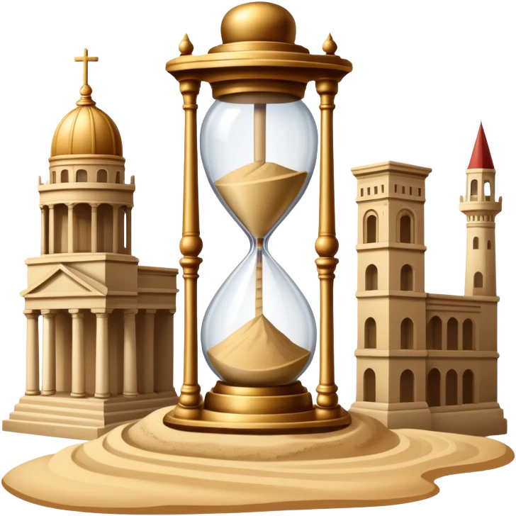 icon featuring ancient scrolls, quill pen with famous historical landmarks and monuments in the background. Large, antique sand clocks with sand pouring out represent the passage of time. Historical figures are depicted as statues. Transparent background. emoji