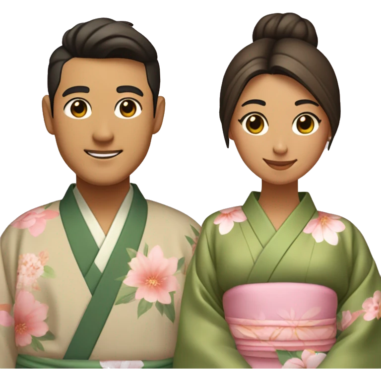 asian couple - medium skin man with center split slightly wavy hair wearing kimono with olive green inside and brown outside, light medium skin woman with a low bun and flowers in her hair wearing light pink kimono with pastel florals of different colors emoji