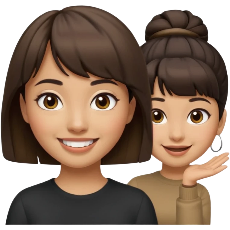 In Apple Memoji format, a girl with dark brown hair. She has bangs and her hair is in a singular high bun. The girl is arab and has light brown skin. She is wearing a brown shirt. She is smiling but is not showing her teeth.  emoji