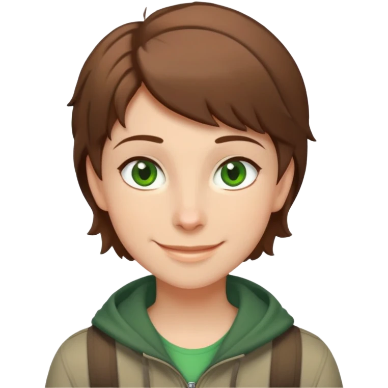 Rudeus Greyrat smiling warmly, green eyes, short brown hair, wearing travel clothes, friendly and kind expression emoji