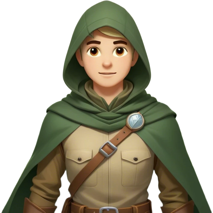 Clash of Clans aesthetic Cheerful Ranger Portrait Emoji, With a bright, confident expression and an alert, relaxed stance, showcasing a streamlined, rugged build in natural tones with a hood and cloak blending with the forest, his face in natural skin tone, Simplified yet expressive features, highly detailed, glowing with a soft, luminous woodland radiance, high shine, upbeat and brave, stylized with an air of classic forest heroism, soft glowing outline, capturing the essence of a cheerful ranger ready to embark on epic woodland quests! emoji