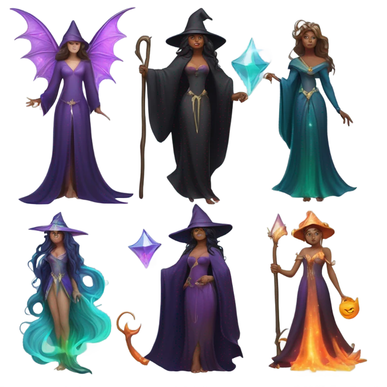 A lady witch, a lady wizard, a siren, a fairy, and a merman emoji