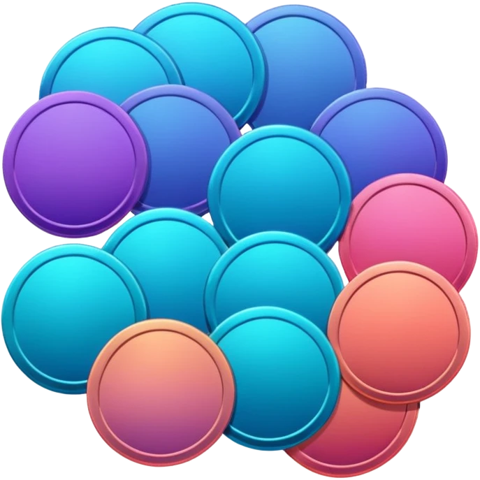 Many Coins pack 
in gradient of turquoise, blue, pink, purple, and coral
 emoji