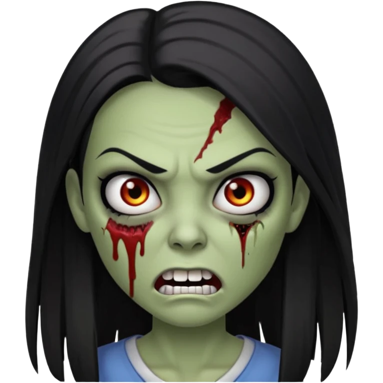 девушка зомби с темными длинными прямыми волосами, с черными макияжем глаз, тонкими бровями, со злым выражением лица и ровными белыми зубами в стиле Apple avatar emoji