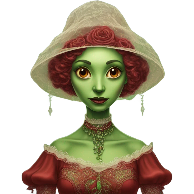 a green amazon alien woman in Victorian red emoji