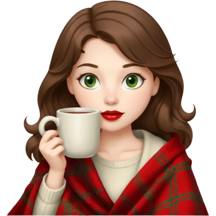 Long wavy brown haired, white skinned, dark green eyed girl with red lipstick wrapped in a blanket, sipping tea and reading a book emoji