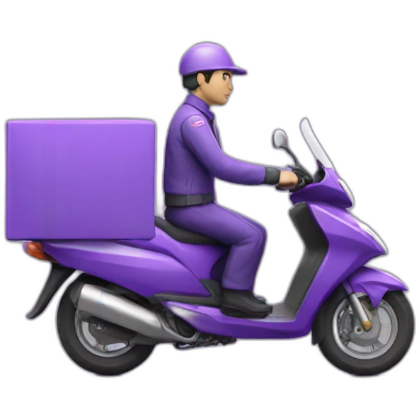 a purple delivery motorbike with delivery man and small b white logo emoji