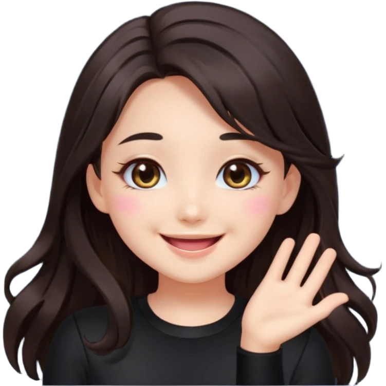 kawaii streamer girl, brunette, dark brown eyes, long dark hair, black outfit, smiling, sparkling eyes, blushing cheeks, happy expression, small stars around, emoji icon emoji