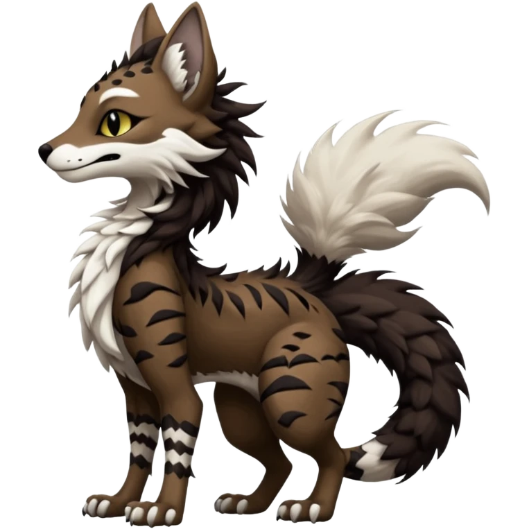 Brown and black and white fantasy feline-vernid-sergal-fursona animal creature with a tufted tail full body with intricate markings  emoji