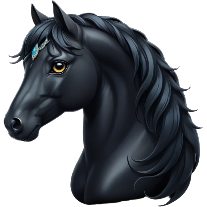 Cinematic Elegant Black Horse Portrait Emoji, Head held high with a serene, powerful gaze, showcasing a magnificent jet-black fur with a radiant, glossy finish, a flowing mane and tail, and piercing dark eyes exuding beauty and strength, Simplified yet majestically refined features, highly detailed, glowing with a soft, ethereal light, high shine, poised and breathtaking, stylized with an air of pure elegance, capturing the essence of a stunning and graceful steed, so beautiful it feels like it could gallop out of the screen with effortless charm! emoji