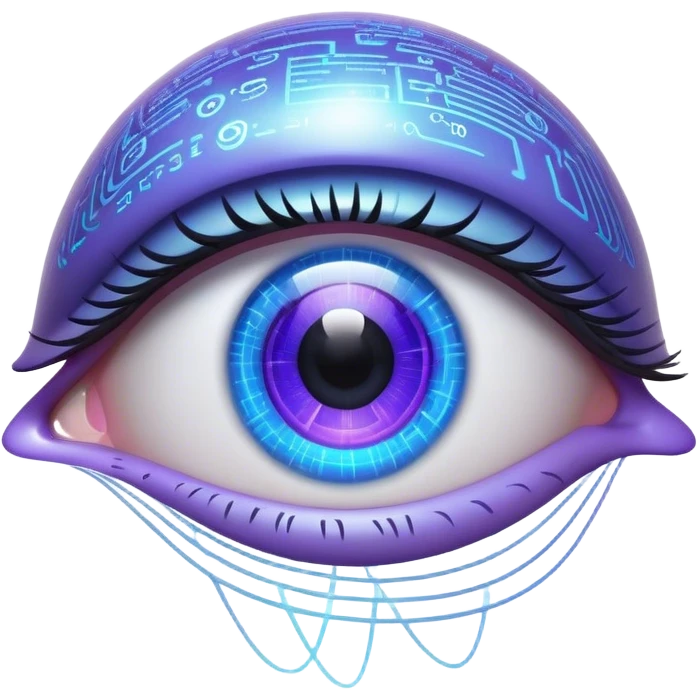 Futuristic emoji: a human eye displaying a digital interface with holographic data, neural patterns, and code. Sci-fi aesthetic with a glowing blue-purple color scheme, realistic details emoji