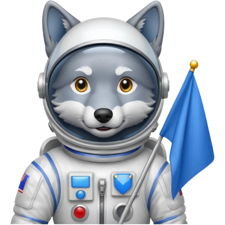 a wolf in space suit, holding blue rectangle flag emoji