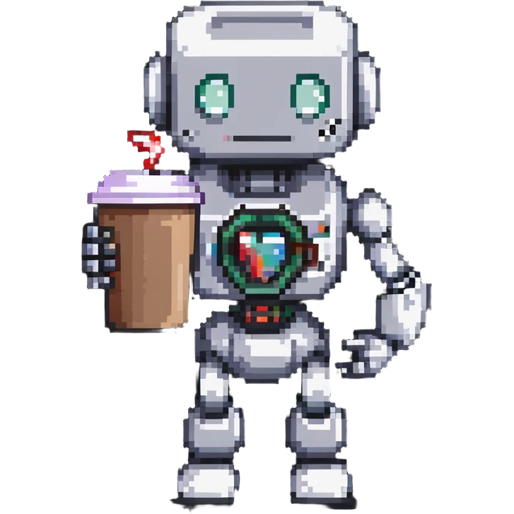 A robot character holding a coffee mug emoji