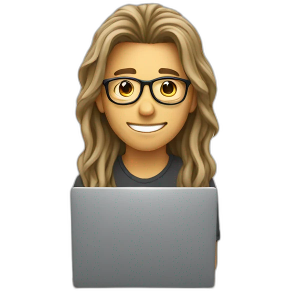 a young man with long hair and wearing glasses sitting with a computercheering emoji