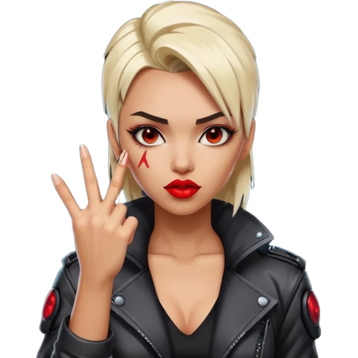 Woman with her tongue out in cyberpunk clothing and giving the middle finger. Looking naughty. emoji