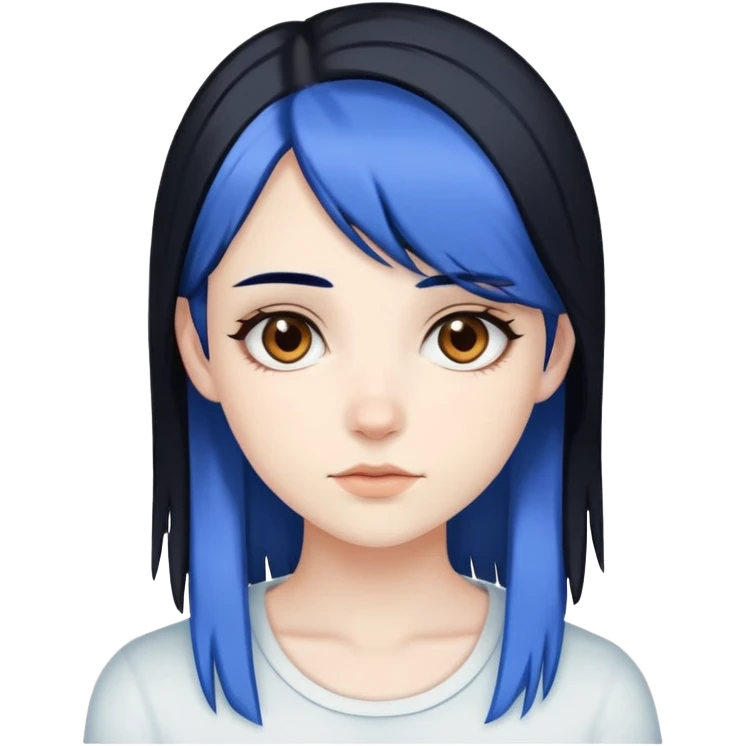 Pale girl with brown eyes, black hair, with two strips of blue hair emoji