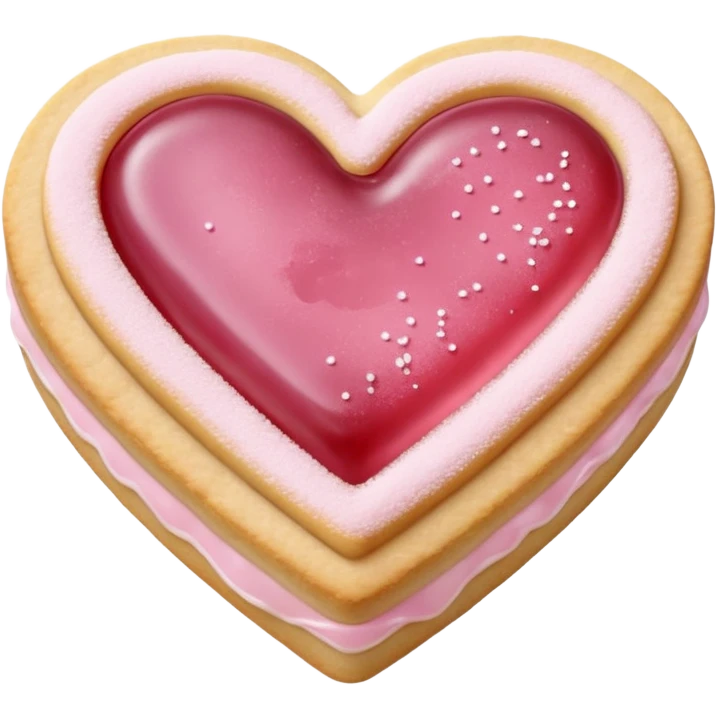Realistic shortbread cookie in the shape of a heart with pale pink jelly middle filling and sprinkled powder sugar on top. emoji